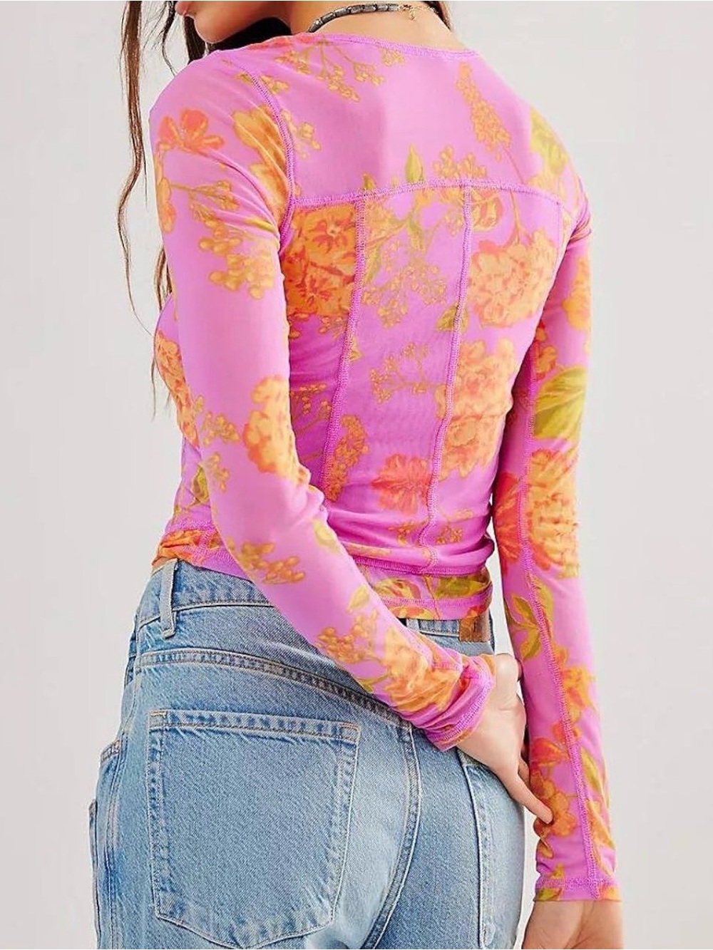 Ya Los Angeles Pink Floral Long-Sleeve Mesh Top - Picture 3 of 4